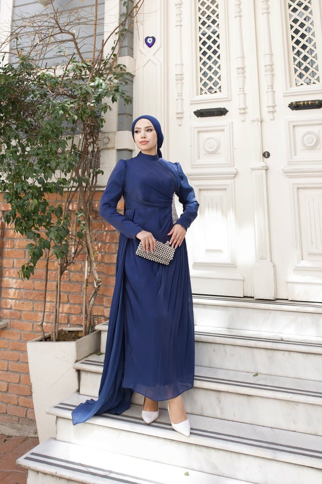 Ahu Beli Taşlı Janjan Abiye 8082 Lacivert