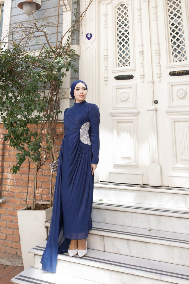 Ahu Beli Taşlı Janjan Abiye 8082 Lacivert