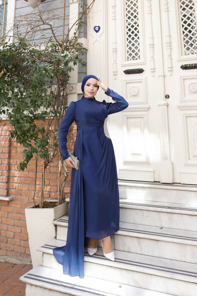 Ahu Beli Taşlı Janjan Abiye 8082 Lacivert