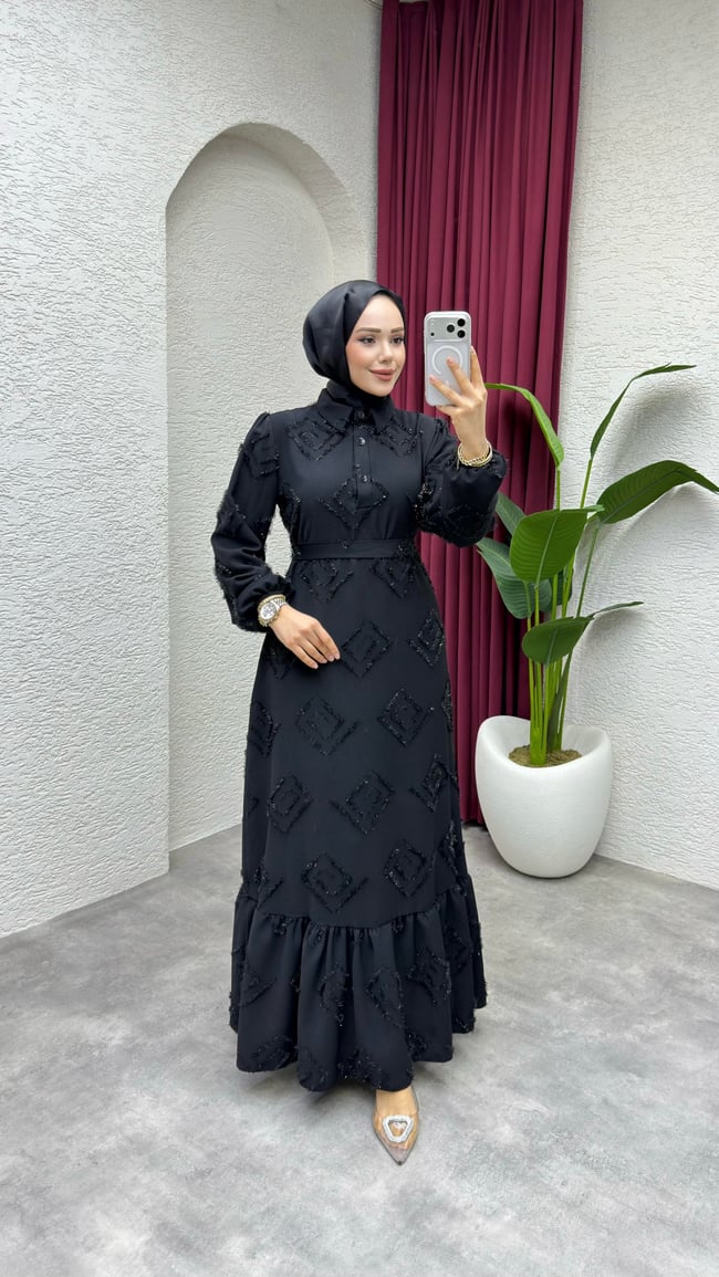 Carmen Püsküllü Elbise 6147 Siyah
