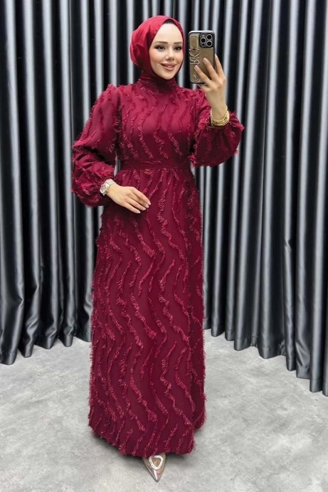 Eliza Püsküllü Elbise 6227 Bordo