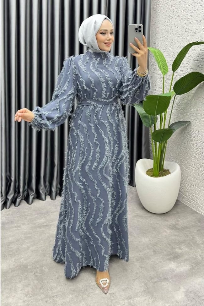 Eliza Püsküllü Elbise 6227 Gri