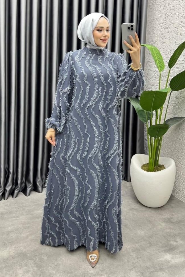 Eliza Püsküllü Elbise 6227 Gri