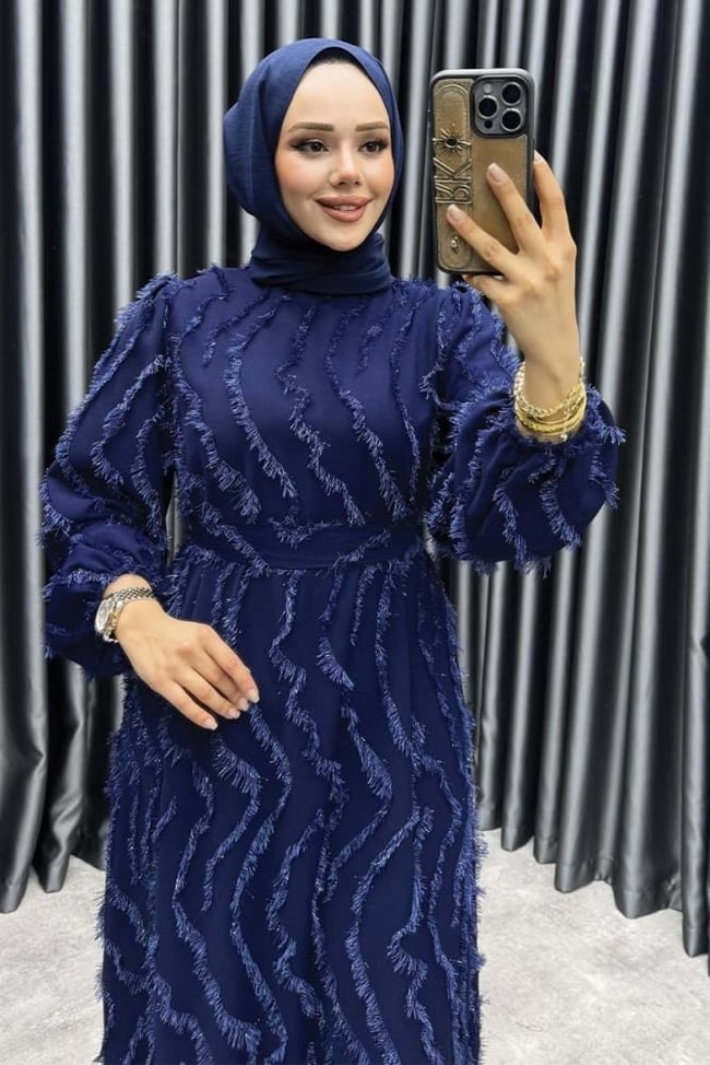 Eliza Püsküllü Elbise 6227 Lacivert