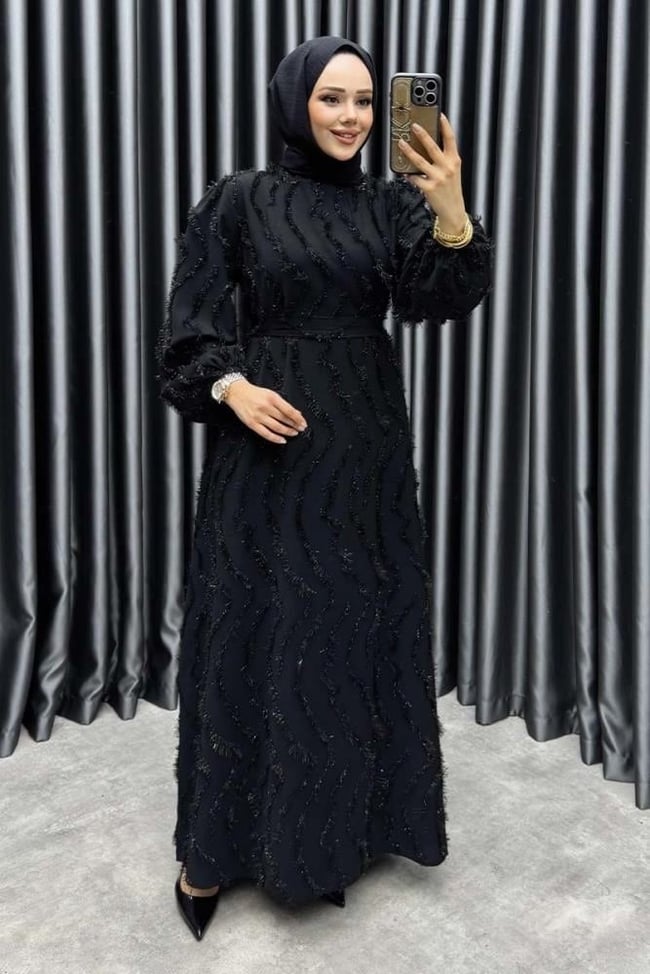 Eliza Püsküllü Elbise 6227 Siyah