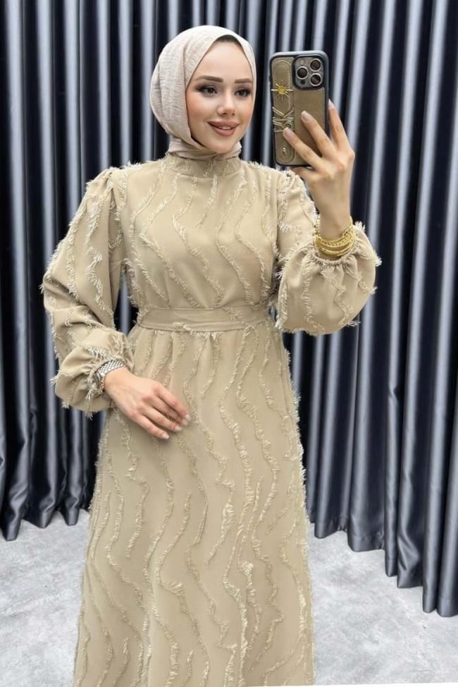 Eliza Püsküllü Elbise 6227 Vizon