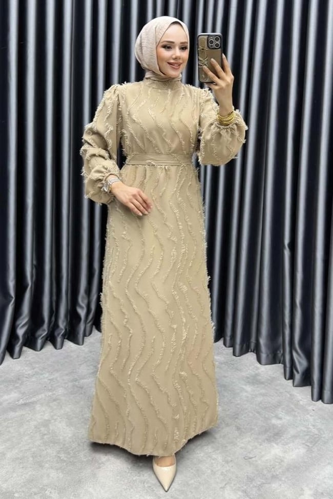 Eliza Püsküllü Elbise 6227 Vizon