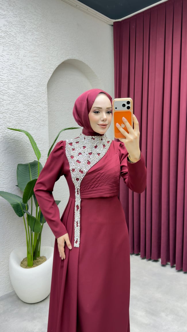 Gülfem Önü Taşlı Abiye 8081 Bordo
