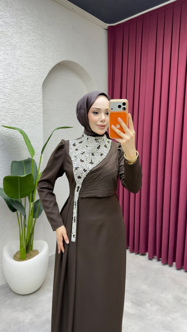 Gülfem Önü Taşlı Abiye 8081 Kahverengi