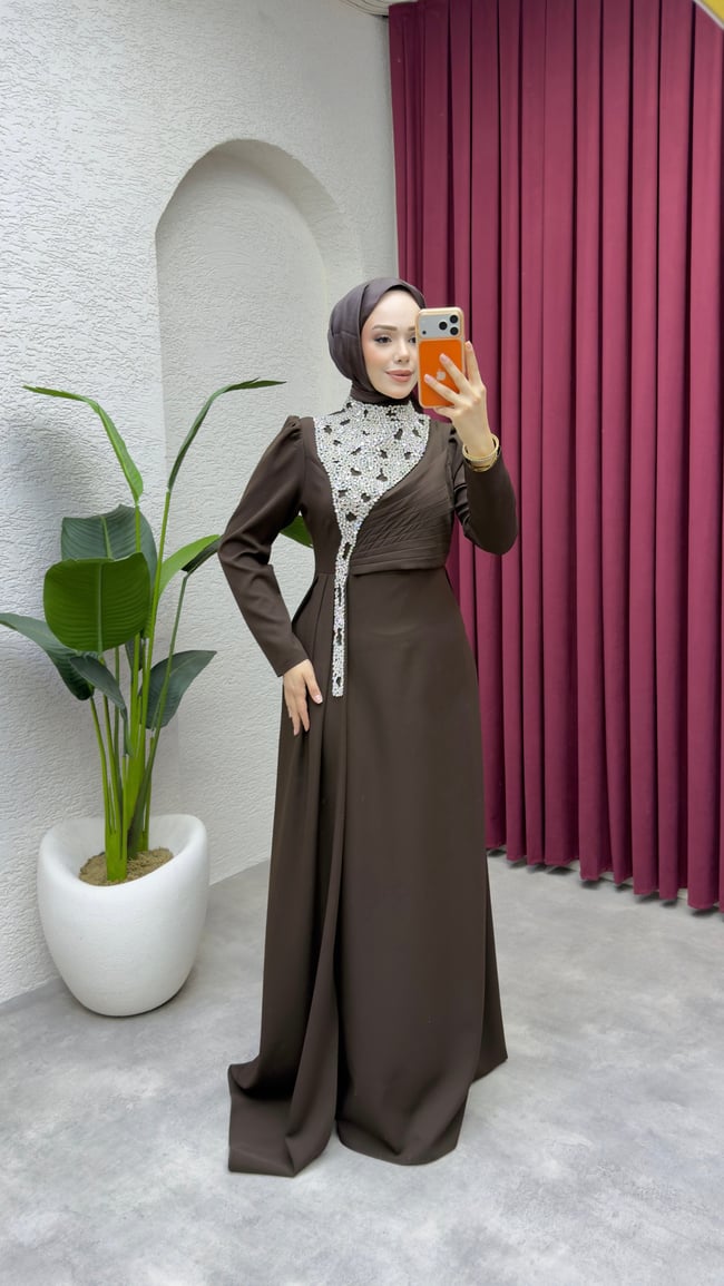 Gülfem Önü Taşlı Abiye 8081 Kahverengi