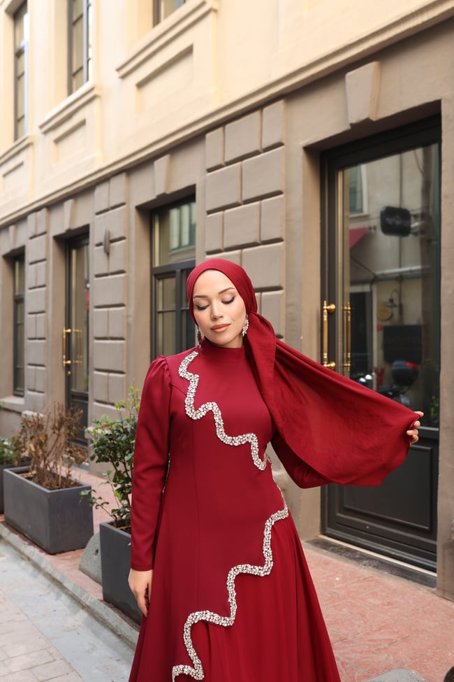 Perin Taş Detay Etekli Abiye 8061 Bordo