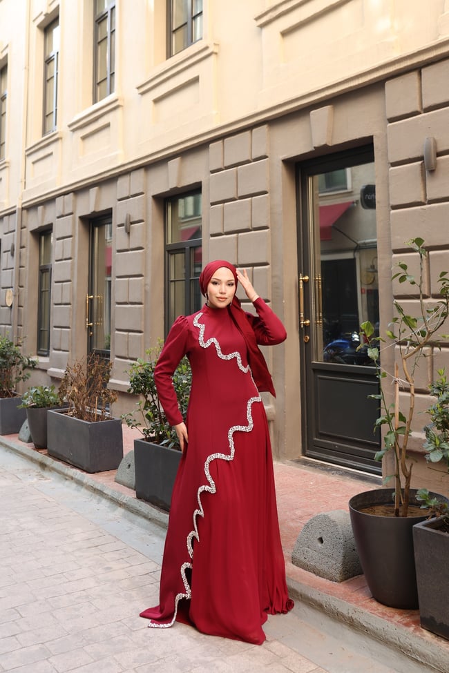 Perin Taş Detay Etekli Abiye 8061 Bordo