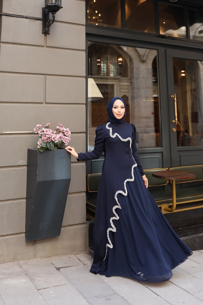 Perin Taş Detay Etekli Abiye 8061 Lacivert