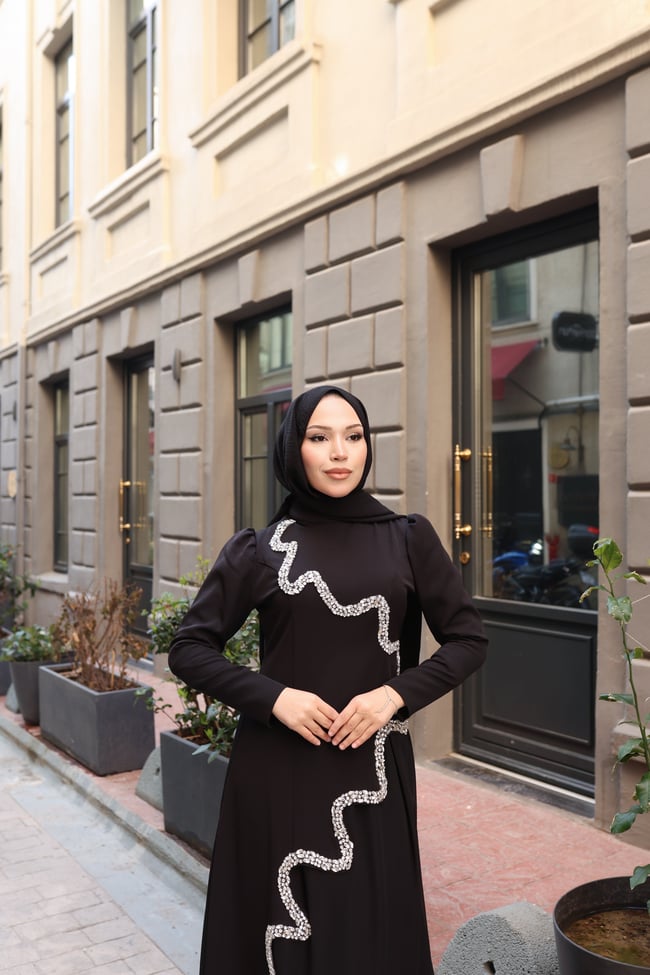 Perin Taş Detay Etekli Abiye 8061 Siyah