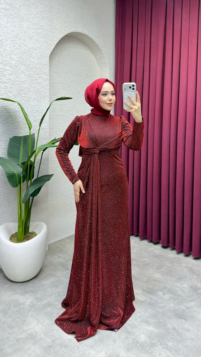 Rüya Serpme Taşlı Elbise 8084 Bordo