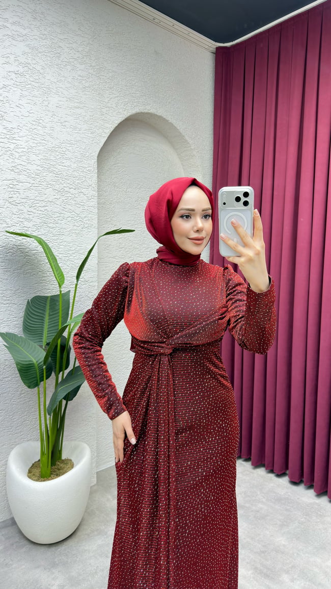 Rüya Serpme Taşlı Elbise 8084 Bordo