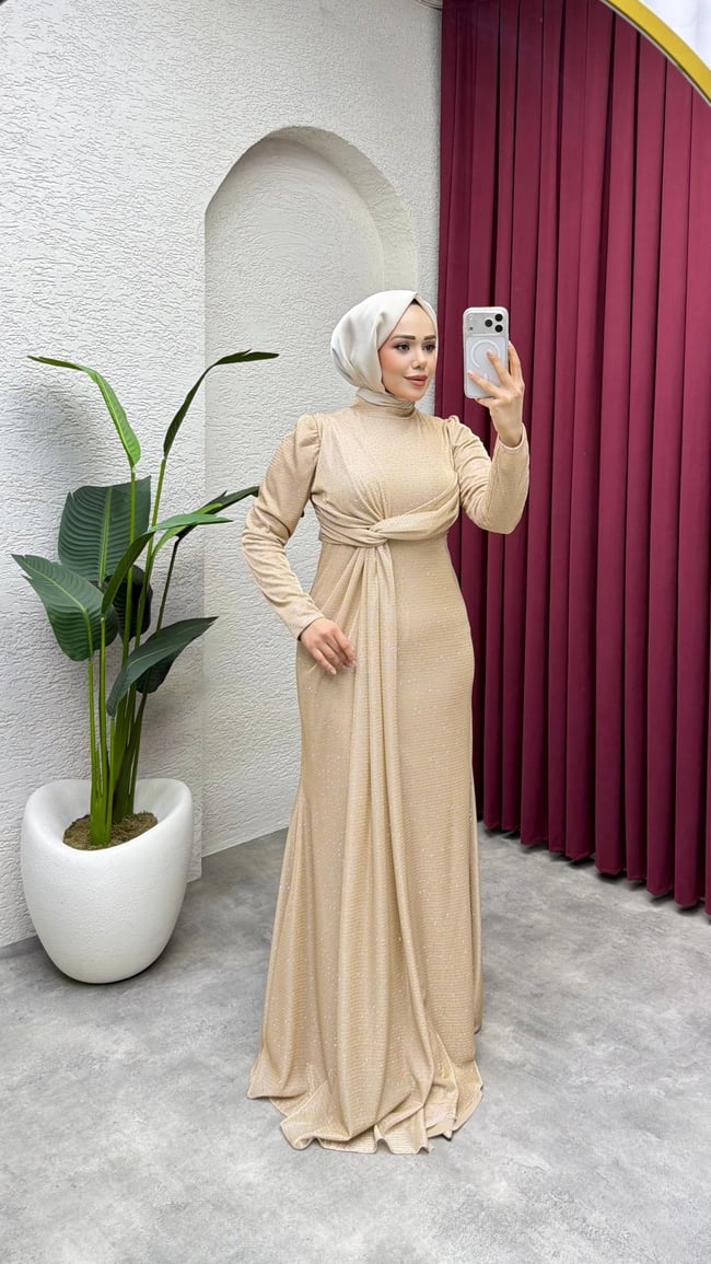 Rüya Serpme Taşlı Elbise 8084 Vizon