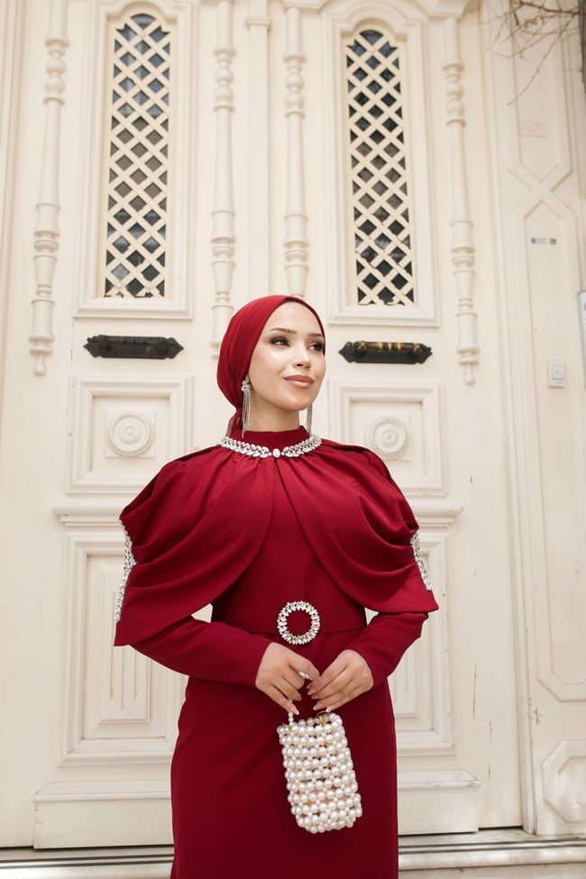 Sare Seyyar Pelerinli Elbise 8042 Bordo
