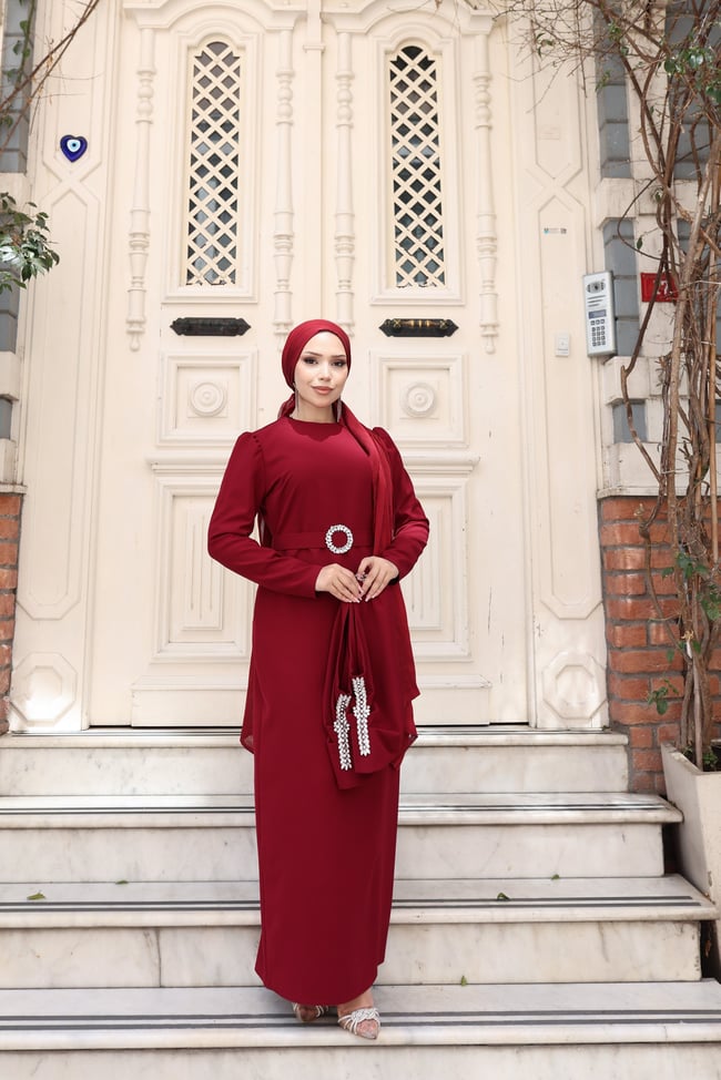 Sare Seyyar Pelerinli Elbise 8042 Bordo