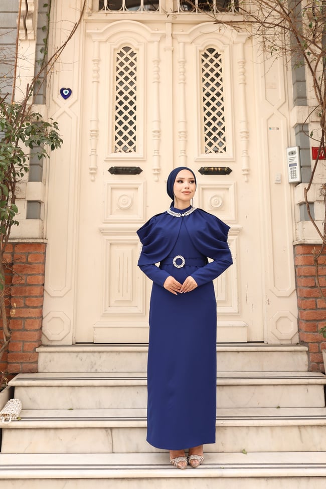 Sare Seyyar Pelerinli Elbise 8042 Saks