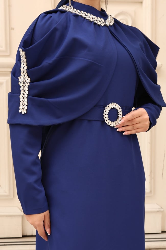 Sare Seyyar Pelerinli Elbise 8042 Saks