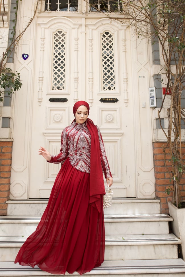 Zerrin Taşlı Şifon Abiye 6669 Bordo