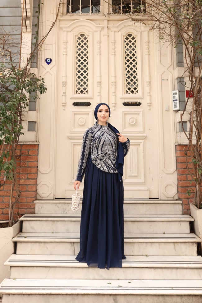 Zerrin Taşlı Şifon Abiye 6669 Lacivert