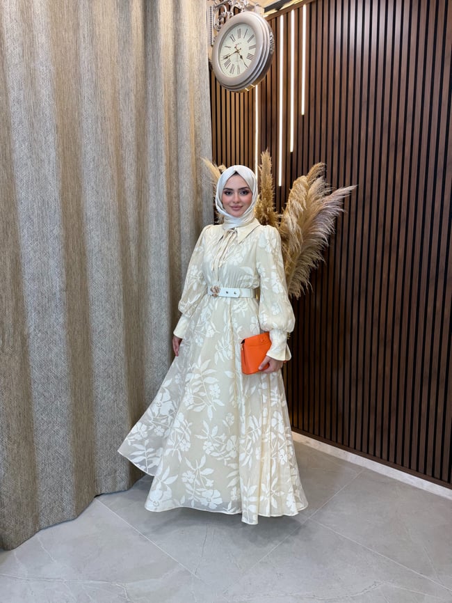 Alina Çiçek Desenli Kemerli Elbise | Beyaz