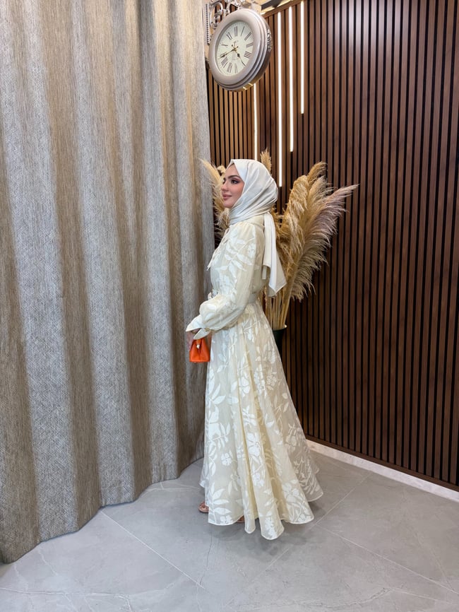 Alina Çiçek Desenli Kemerli Elbise | Beyaz
