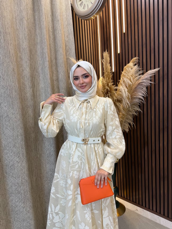 Alina Çiçek Desenli Kemerli Elbise | Beyaz