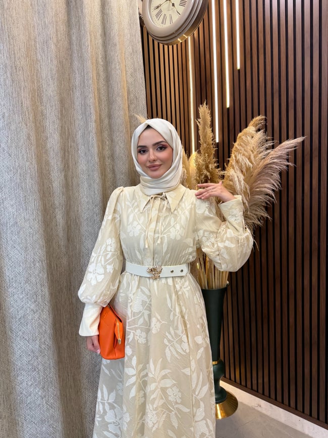 Alina Çiçek Desenli Kemerli Elbise | Beyaz