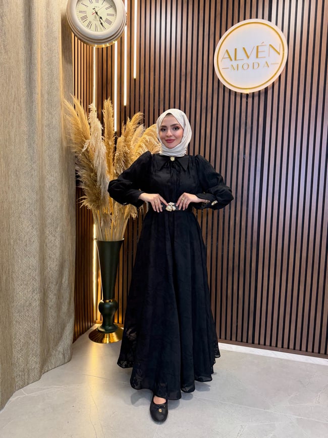 Alina Çiçek Desenli Kemerli Elbise | Siyah