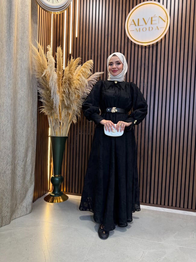 Alina Çiçek Desenli Kemerli Elbise | Siyah