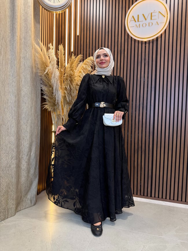 Alina Çiçek Desenli Kemerli Elbise | Siyah