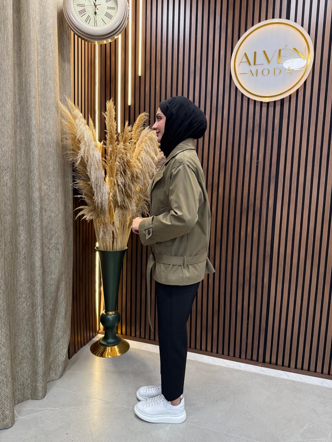Ayla Çapraz Kruvaze Kemer Detaylı Su Geçirmez  Spor Trençkot | Haki