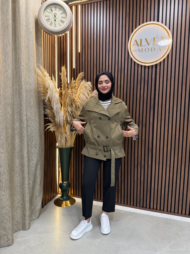Ayla Çapraz Kruvaze Kemer Detaylı Su Geçirmez  Spor Trençkot | Haki