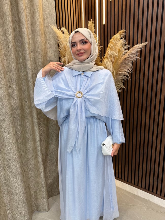 Elin Pelerin Detaylı Broşlu 3 lü Takım | Mavi