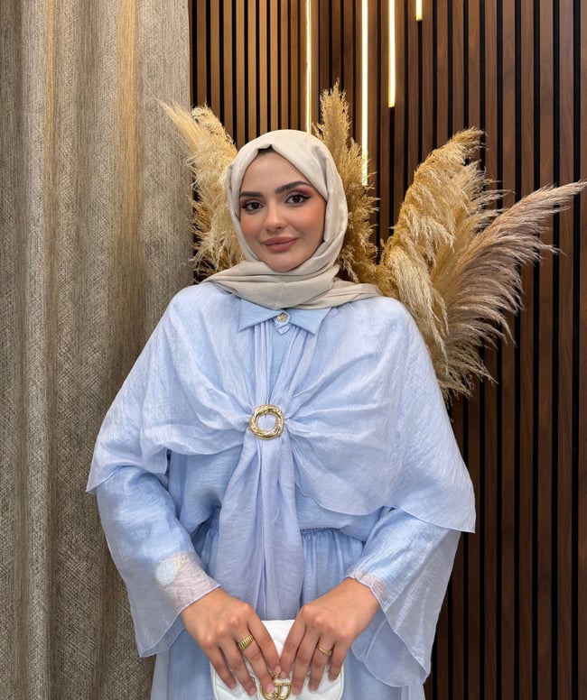 Elin Pelerin Detaylı Broşlu 3 lü Takım | Mavi