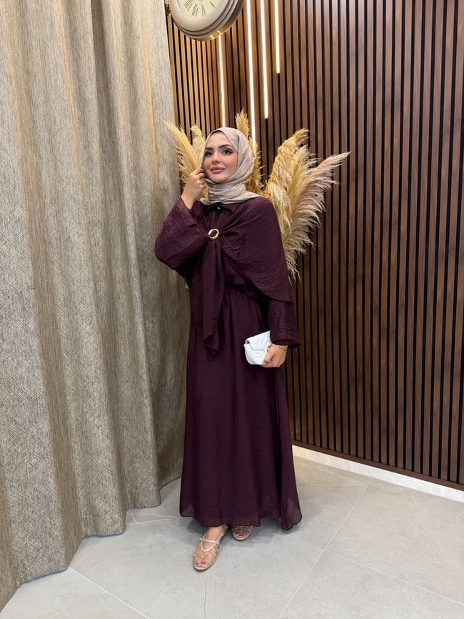 Elin Pelerin Detaylı Broşlu 3 lü Takım | Mürdüm