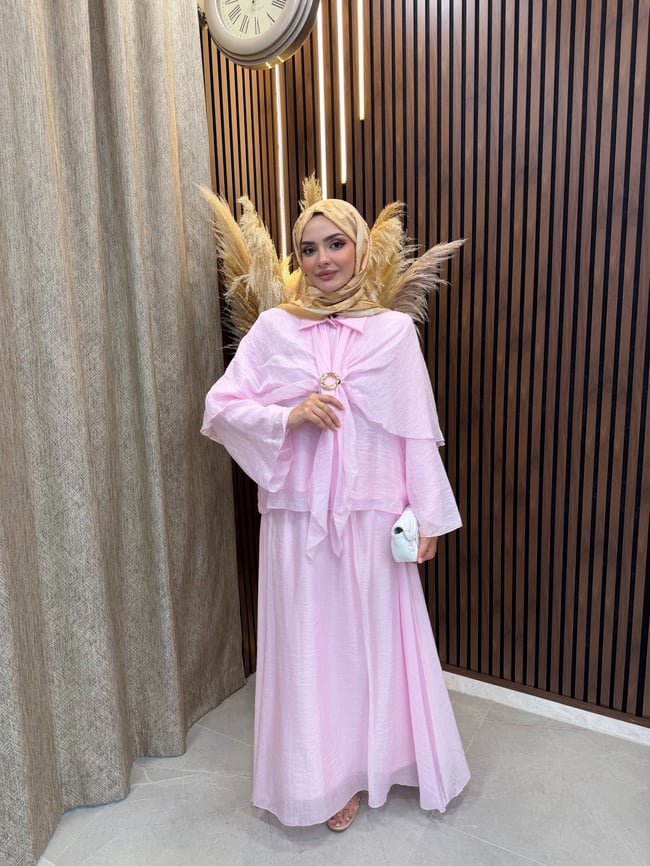 Elin Pelerin Detaylı Broşlu 3 lü Takım | Pembe
