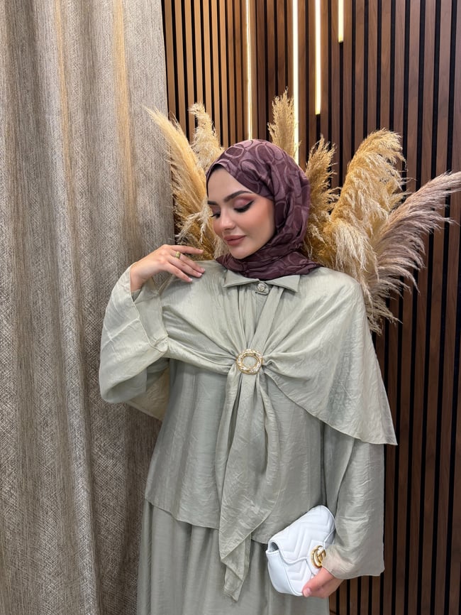 Elin Pelerin Detaylı Broşlu 3 lü Takım | Yeşil
