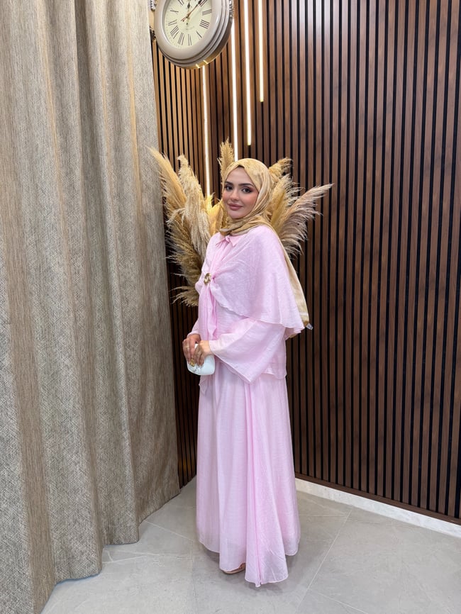 Elin Pelerin Detaylı Broşlu 3 lü Takım | Pembe