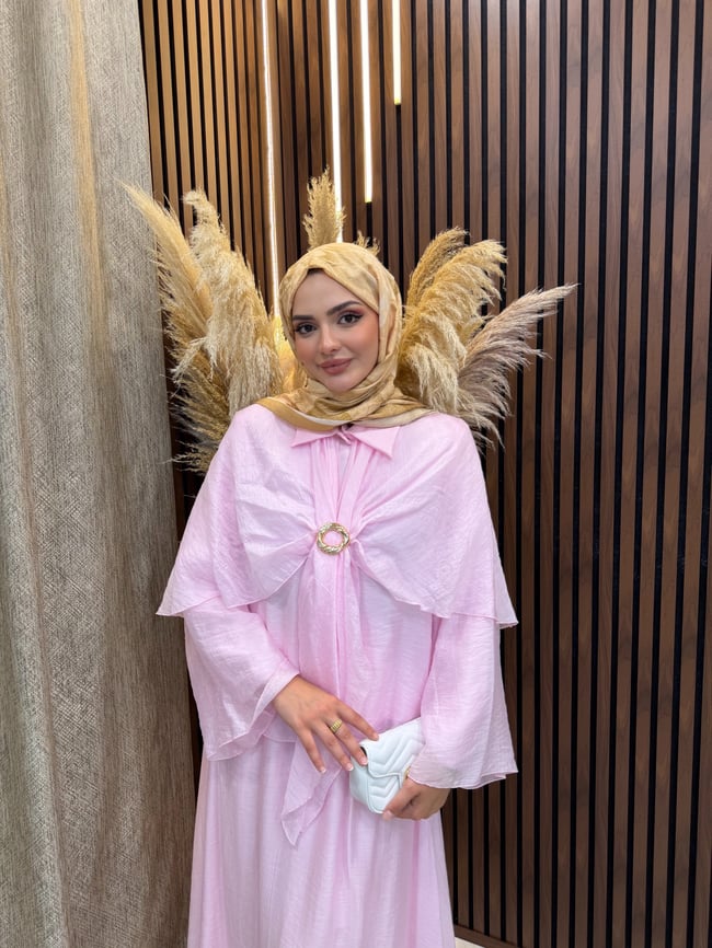 Elin Pelerin Detaylı Broşlu 3 lü Takım | Pembe