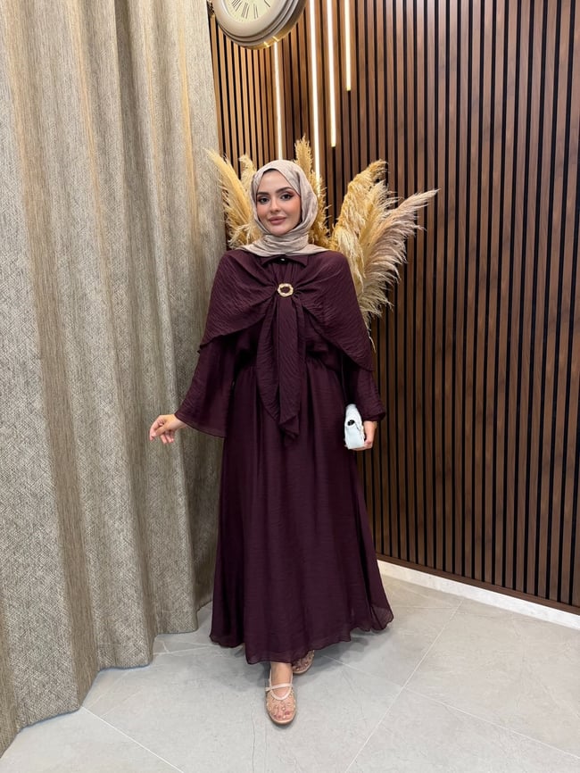 Elin Pelerin Detaylı Broşlu 3 lü Takım | Mürdüm