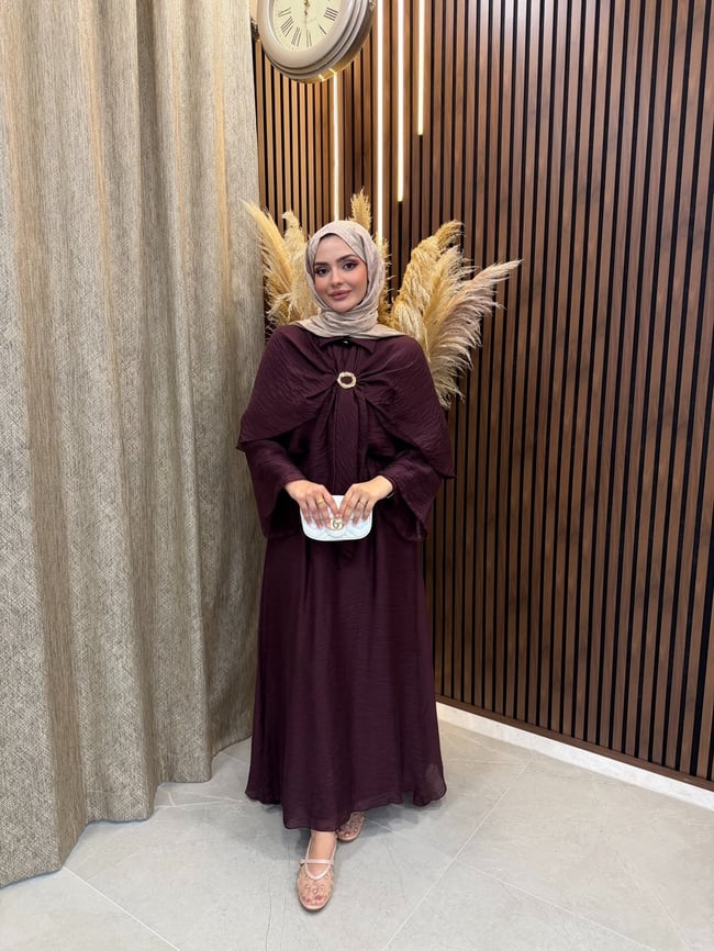 Elin Pelerin Detaylı Broşlu 3 lü Takım | Mürdüm