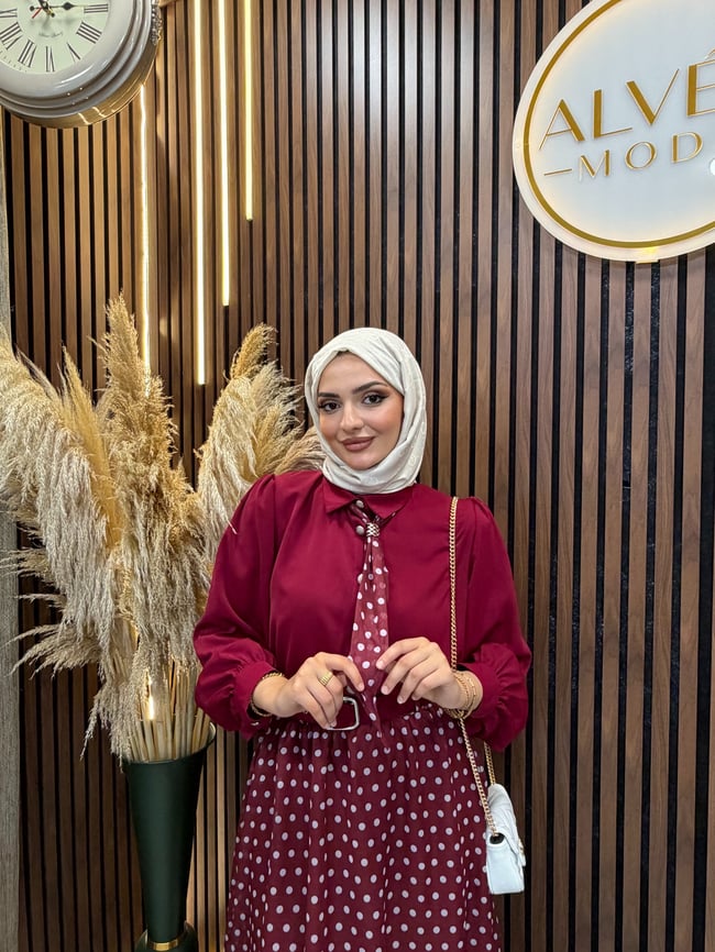 Elora Puantiye Desenli Şifon Etekli Kemerli Takım | Bordo