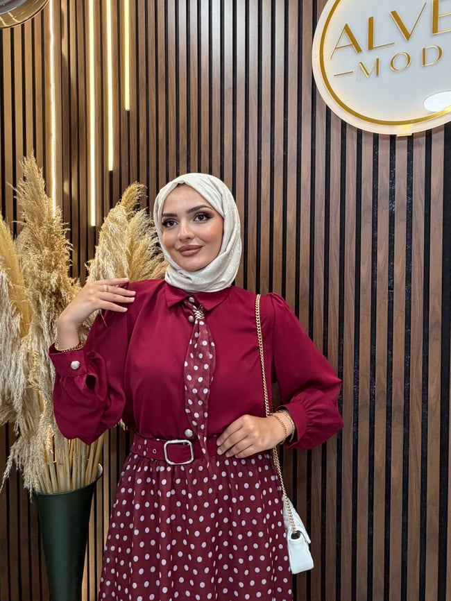 Elora Puantiye Desenli Şifon Etekli Kemerli Takım | Bordo