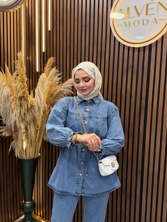Evin Kadın Denim Kot Takım Kuşaklı Gömlek Pantolon Gold Düğme Detaylı | Mavi