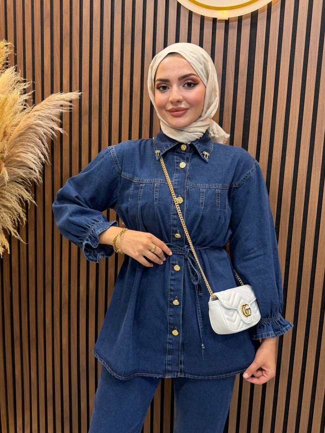 Evin Kadın Denim Kot Takım Kuşaklı Gömlek Pantolon Gold Düğme Detaylı | Lacivert