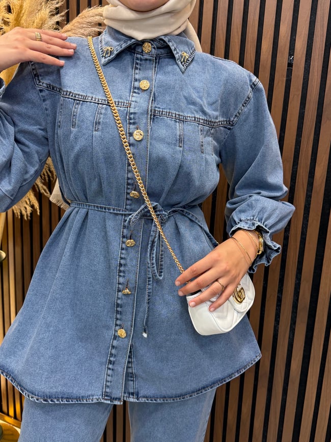 Evin Kadın Denim Kot Takım Kuşaklı Gömlek Pantolon Gold Düğme Detaylı | Mavi